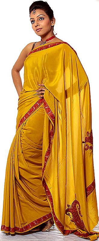 Mustard Sari from Kashmir with Intricate Sozni Embroidery by Hand on Borders