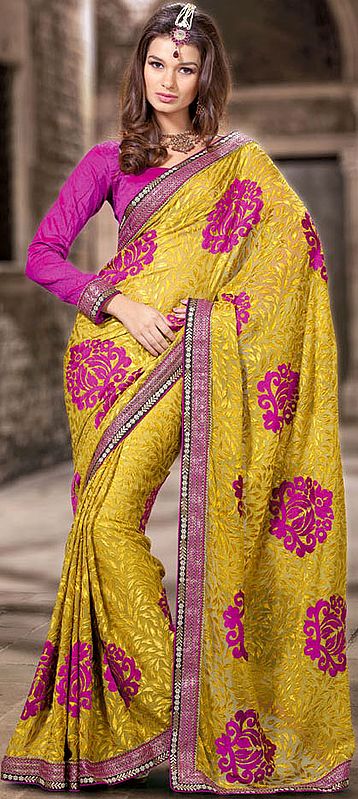 Mustard Sari with Satin Weave and Large Embroidered Bootis