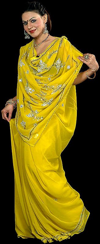Mustard Sari with Sequins and Large Beads