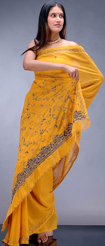 Mustard Sari with Thread-Work and Sequins
