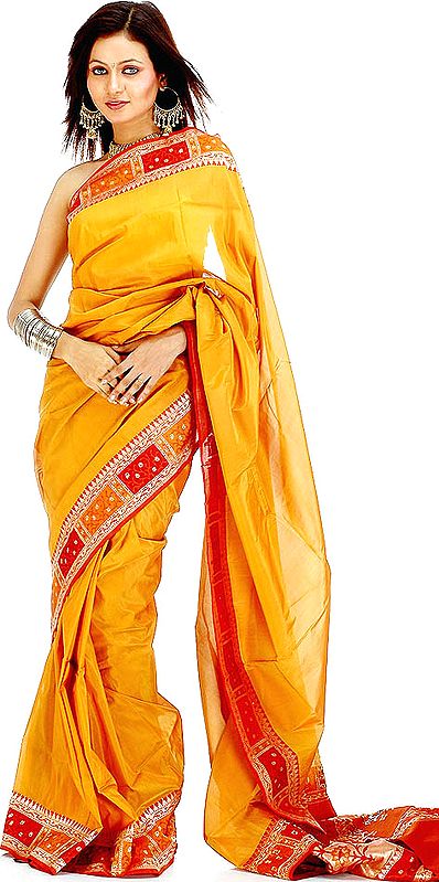 Mustard Valkalam Sari with Golden Thread Weave Hand-woven in Banaras