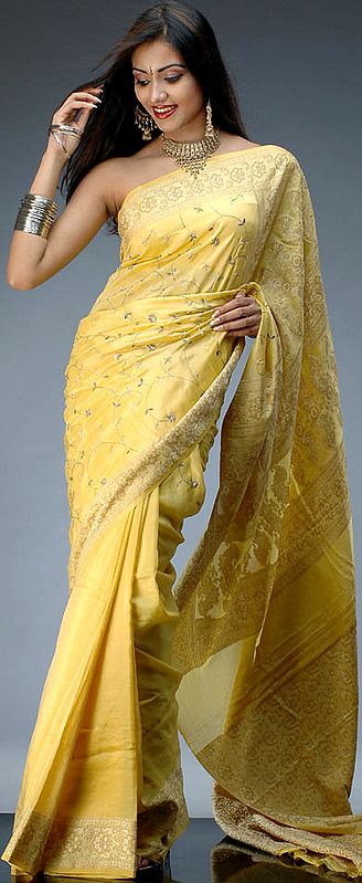 Mustard Yellow Sari from Banaras with Needle Embroidery