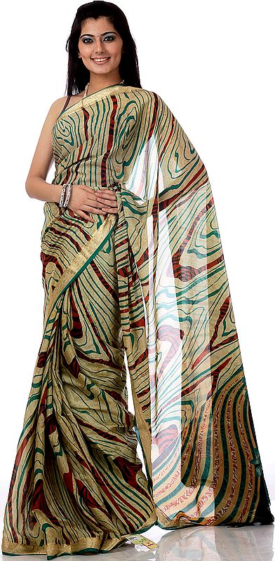 Mysore Silk Sari with Zari Border and Modern Print