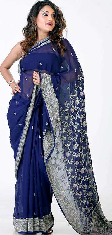 Navy Blue Banarasi Sari with Bootis All-Over and Jaal Weave on Anchal
