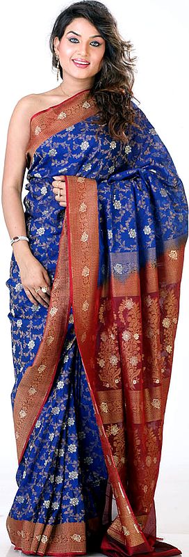 Navy Blue Jamdani Sari from Banaras with All-Over Floral Weave
