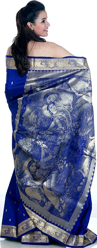 Navy-Blue Bangalore Silk Sari with Radha Krishna on Anchal