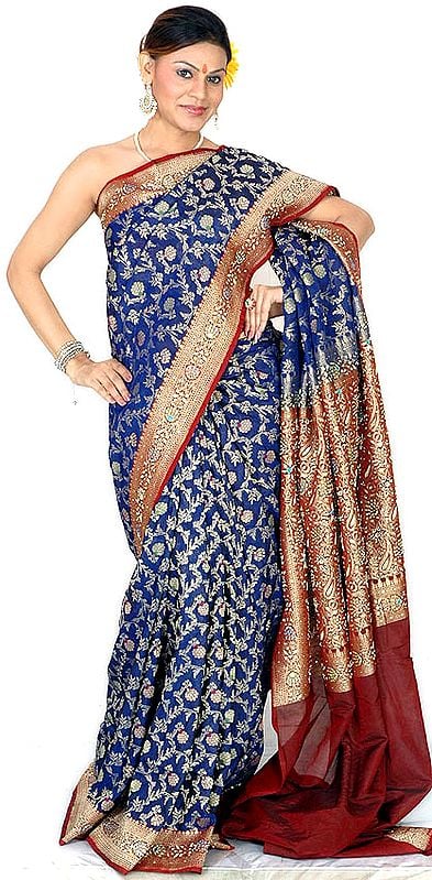 Navy-Blue Jamdani Sari from Banaras with All-Over Embroidered Sequins