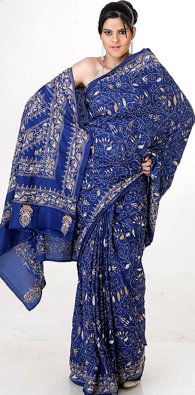 Navy-Blue Kantha Sari with All-Over Embroidery by Hand