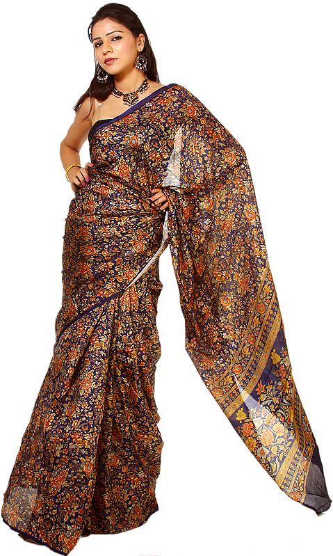 Navy-Blue Suryani Sari from Mysore with Floral Print All-Over