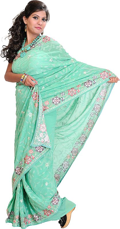Neptune-Green Wedding Sari with Crewel Embroidered Flowers All-Over
