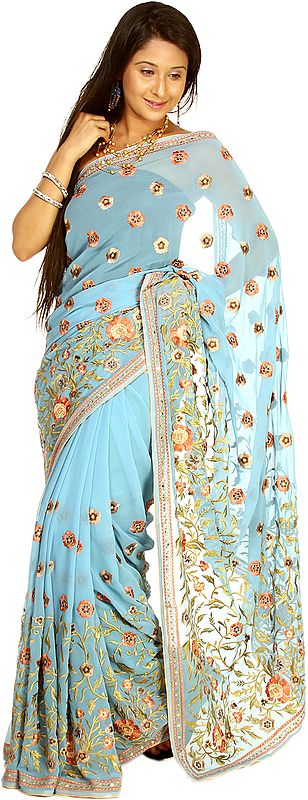 Norse-Blue Sari with Crewel embroidered Flowers and Sequins