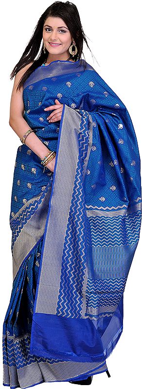 Ocean-Blue Banarasi Sari with Handwoven Booties All Over