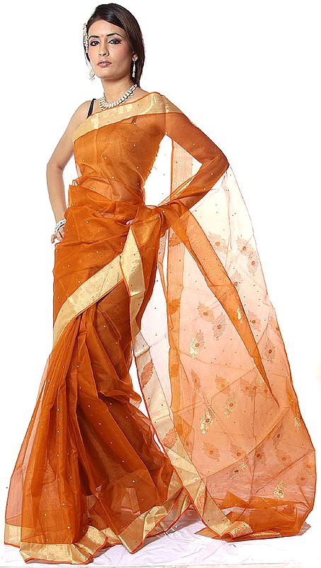 Ochre Chanderi Sari with All-Over Bootis in Golden Thread
