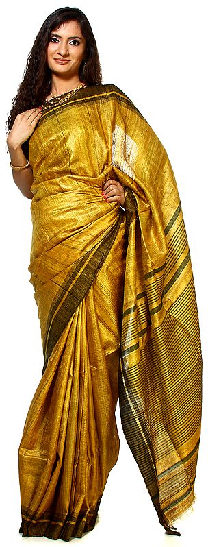 Ochre Handwoven Kosa Silk Sari From Jharkhand with Striped Aanchal