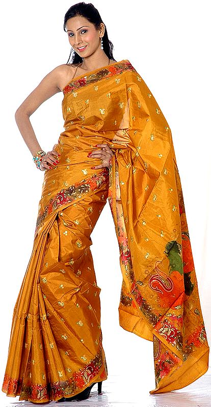 Old Gold Sari from Kolkata with Embroidered Bootis and Painted Border