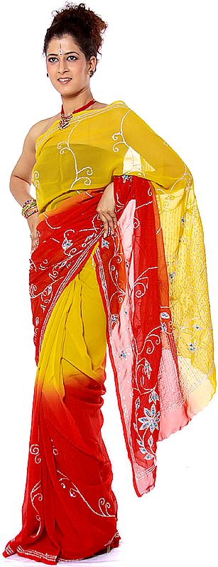 Old-Gold and Red Sari with Sequins and Beadwork