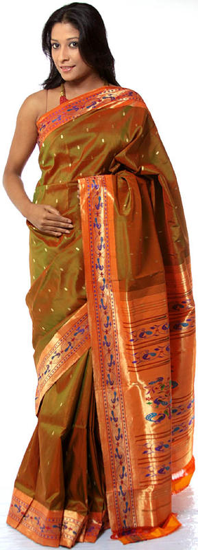 Old-Gold Designer Paithani Sari with Intricately Woven Peacocks on Anchal and Border