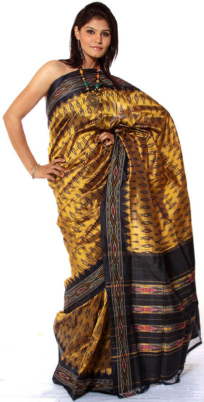 Old-Gold Ikat Sari Hand-woven in Pochampally Village