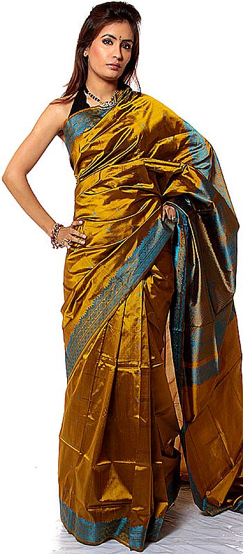 Old-Gold Kanjivaram Sari with Turquoise Weave on Border and Anchal