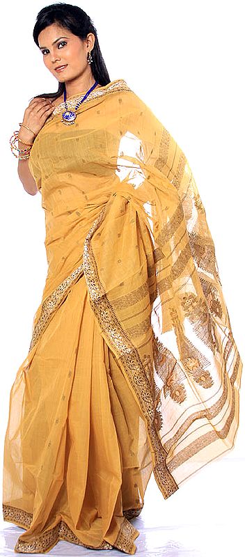 Old-Gold Tengail Sari from Kolkata with Woven Bootis