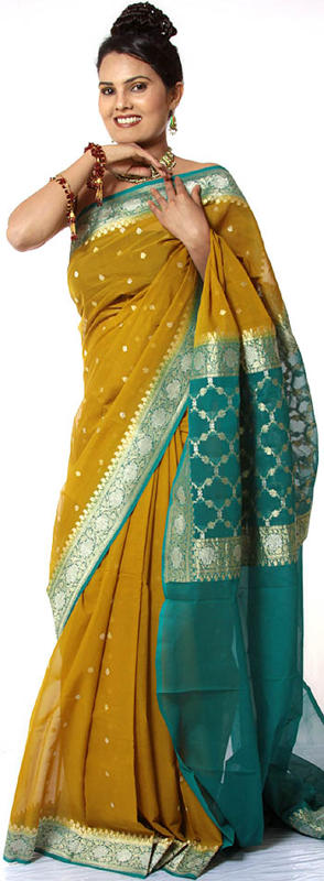 Olive Banarasi Sari with Bootis Woven in Golden Thread and Green Anchal