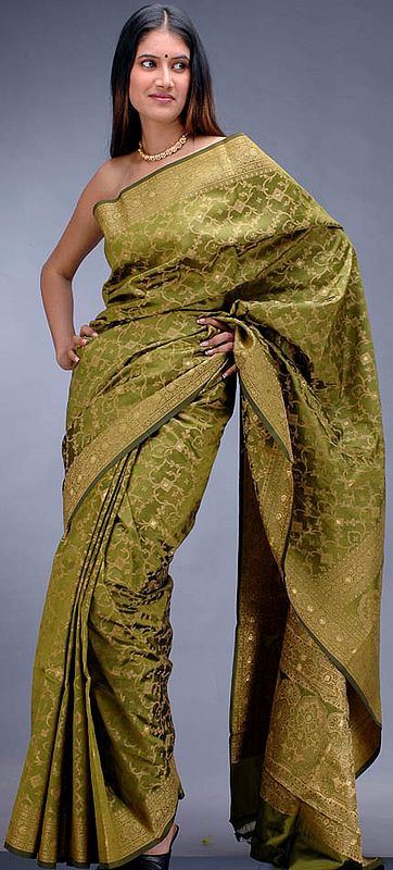 Olive Green Banarasi Sari with Jaali Weave