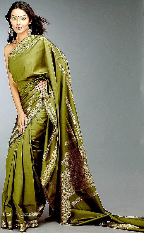 Olive Green Handwoven Sari from Banaras