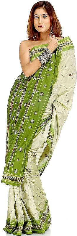 Olive Green Pochampally Sari with Beads and Threadwork