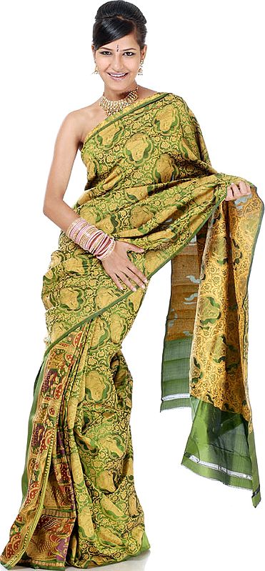Olive Green Radha Krishna Sari from Banaras