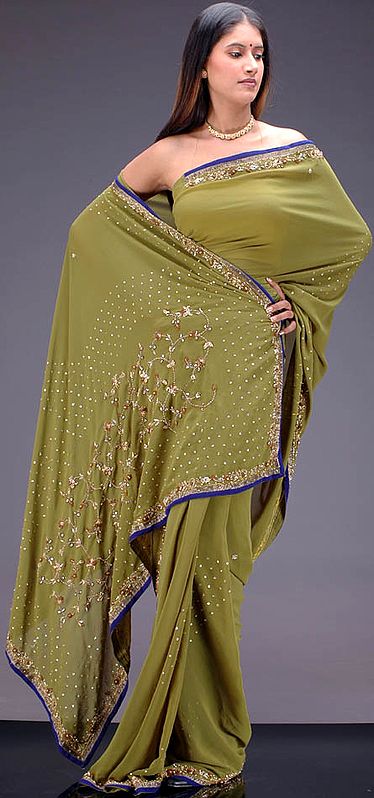 Olive Green Sari with Beads and Threadwork