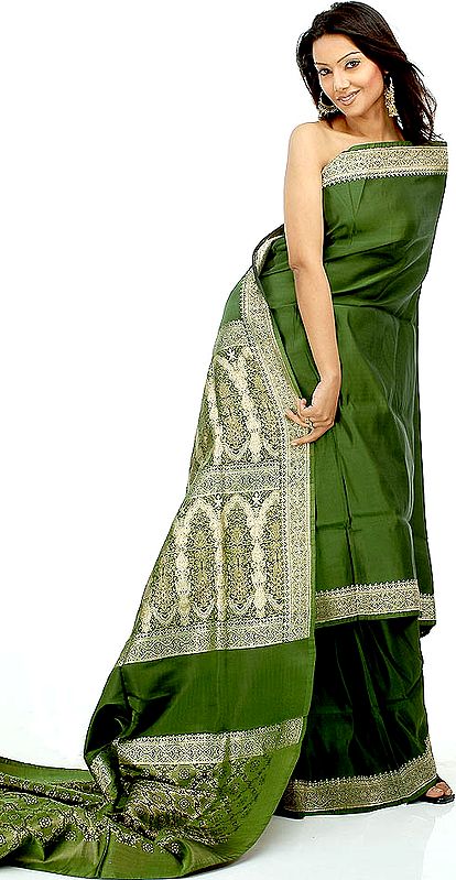Olive Green Valkalam Sari with Golden Thread Weave