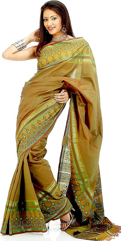 Olive Poly-Cotton Sari with Thread Weave