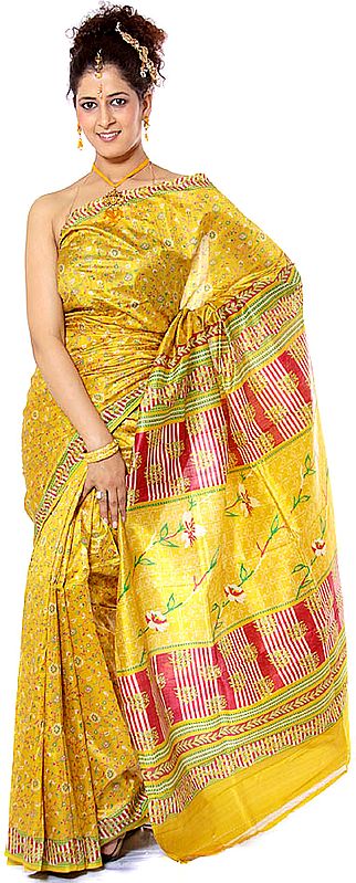 Olive Sari from Kolkata with Printed Flowers All-Over