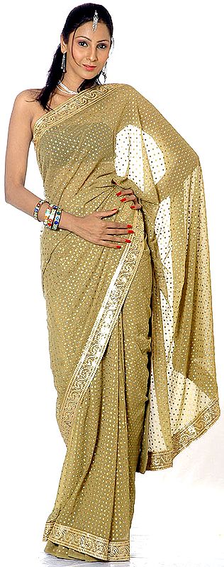 Olive Sari with All-Over Painted Bootis in Gold and Sequined Border