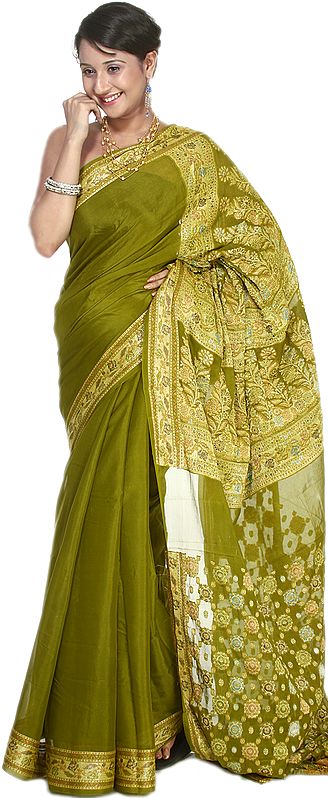 Olive-Branch Green Banarasi Sari with Paisley boder and Brocaded Aanchal
