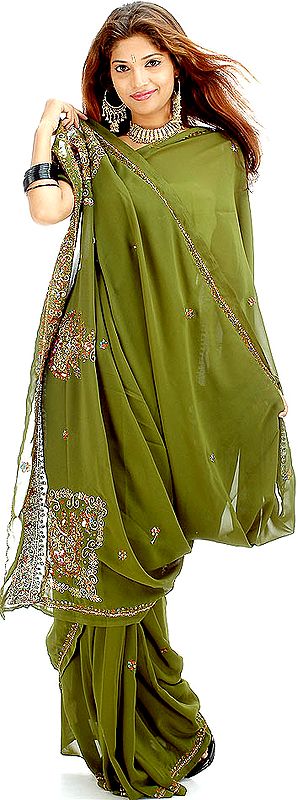 Olive-Drab Sari with Multi-Colored Sequins