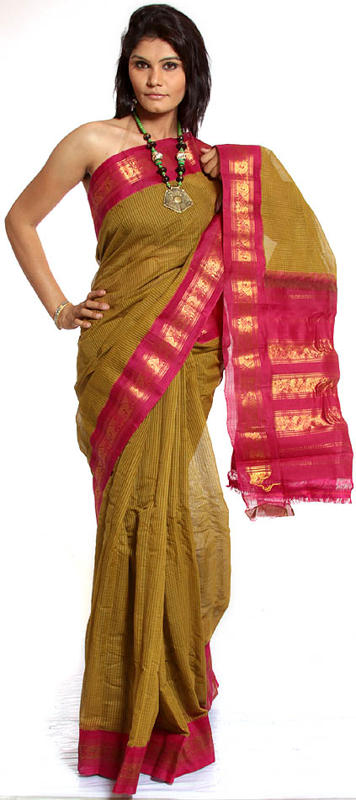 Olive-Green Handwoven Gadwal Sari with Zari on Border and Anchal