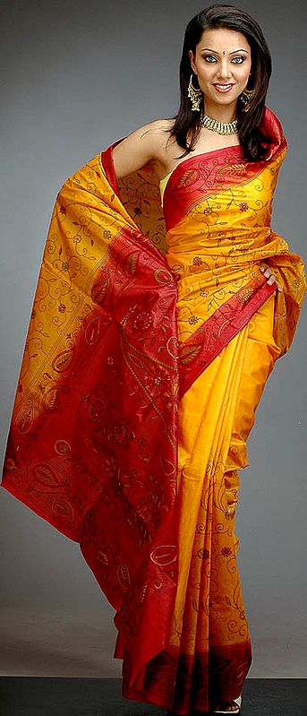 Orange amd Maroon Hand-Embroidered Kantha Stitch Sari