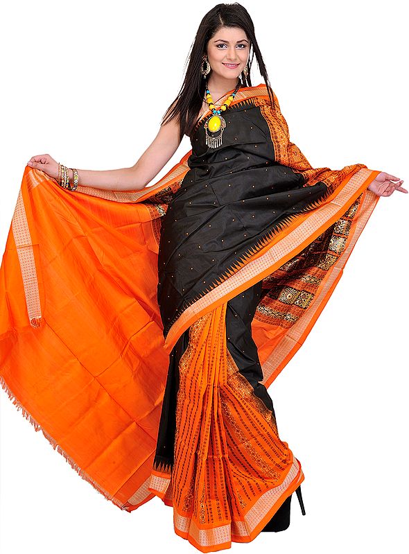 Orange and Black Bomkai Sari from Orissa with Hand Woven Rudraksh Border