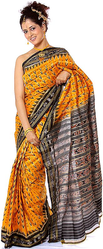 Orange and Black Patola Sari Handwoven in Sambhalpur Orissa