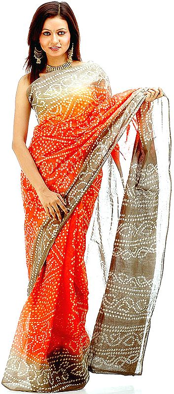 Orange and Gray Gujarati Bandhani Sari