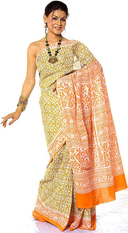 Orange and Green Block-Printed Kalamkari Sari from Andhra Pradesh