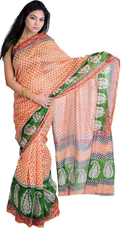 Orange and Green Chanderi Sari with Block-Printed Paisleys