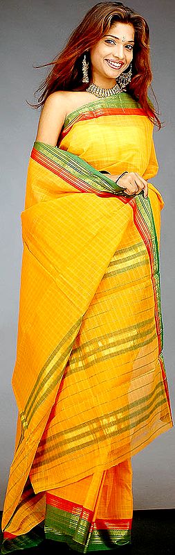Orange and Green Narayanpet Sari with Checks