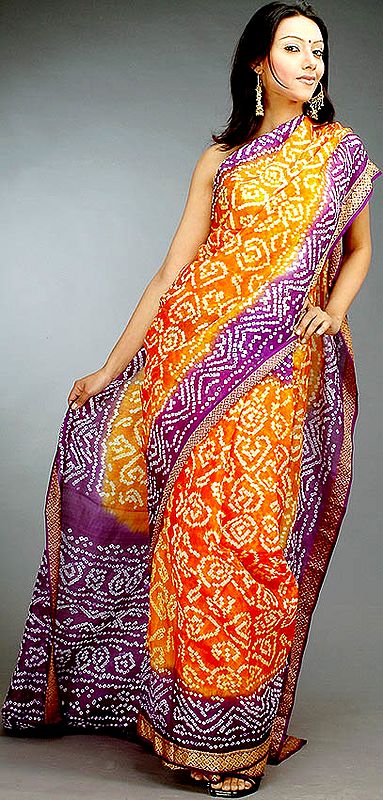 Orange and Purple Bandhani Sari from Gujarat