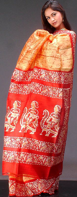 Orange and Red Batik Silk Sari