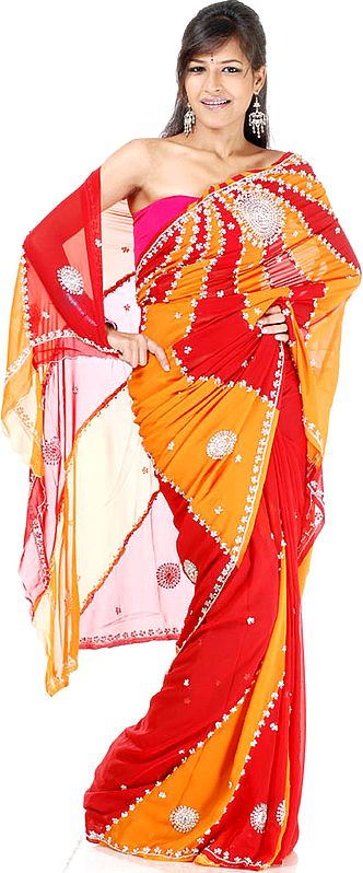 Orange and Red Designer Sari with Sequins and Beads