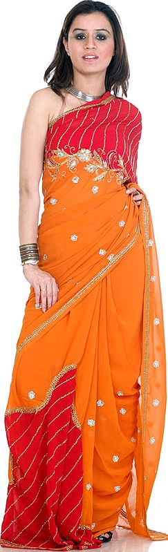 Orange and Red Mumtaz Sari with All-Over Sequins Embroidered as Flowers
