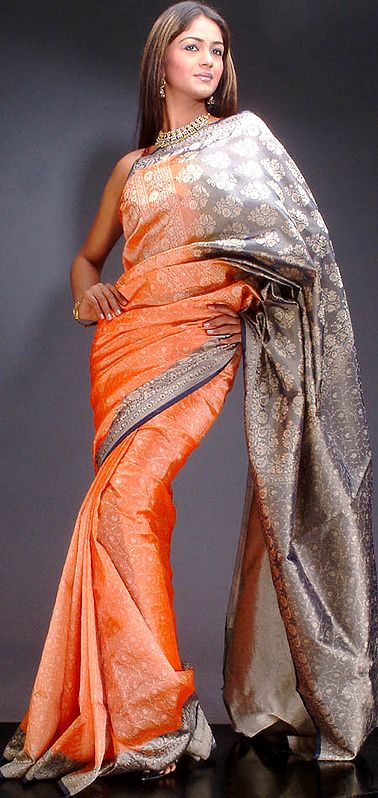 Orange Banarasi Sari with Jacquard Weave and Sequins