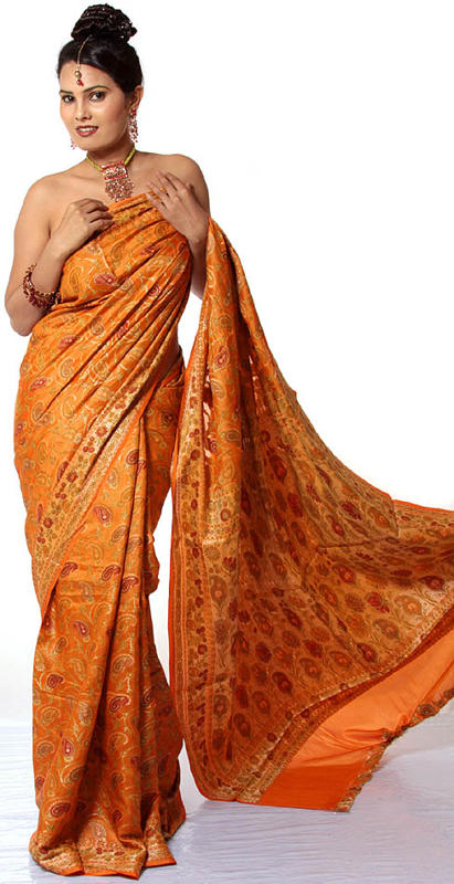Orange Banarasi with Large Paisleys Woven All-Over